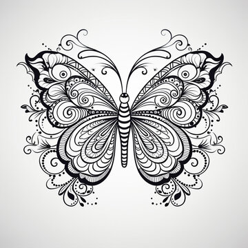 Line art black and white butterfly isolated on white background
