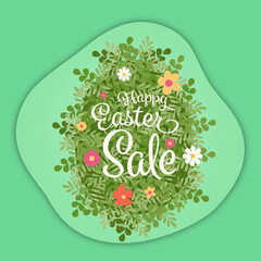 Paper cut style Happy Easter sale banner template with Easter flower on background . Vector illustration. Poster, banner, flyer, backdrop, brochure.