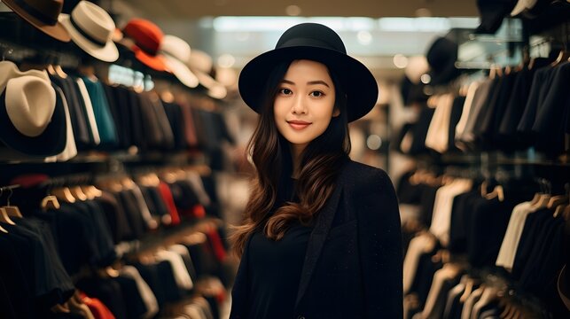 帽子を試着する女性