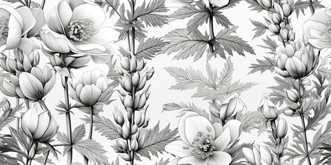 monkshood aconitum flowers in black and white colors. Coloring relaxing book background. Paint Drawing sketch