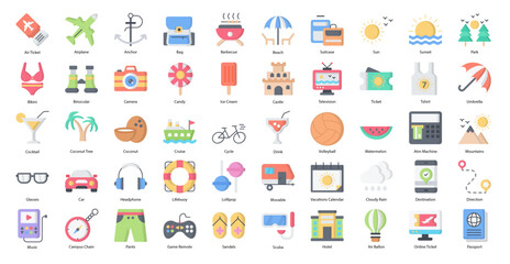 Vacation Flat Icons Camping Hotel Beach Iconset in Outline Style 50 Vector Icons