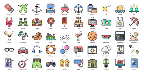 Vacation Colored Outline Icons Camping Hotel Beach Iconset 50 Vector Icons 