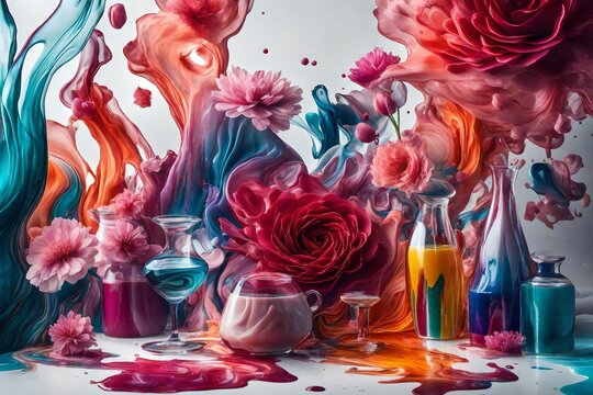 A high-resolution image featuring the artistic fusion of colorful liquids against a sleek and modern backdrop, with delicate flower motifs enhancing the overall visual appeal