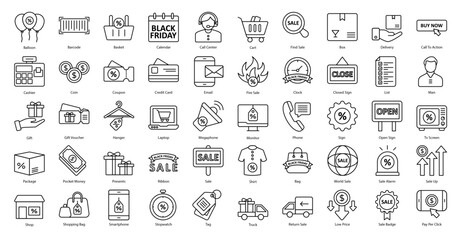 Black Friday Thin Line Icons Shopping Basket Sale Iconset in Outline Style 50 Vector Icons in Black