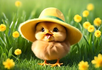 A chick wearing yellow hat and standing on grass