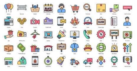 Fototapeta na wymiar Black Friday Colored Outline Icons Shopping Basket Sale Iconset 50 Vector Icons