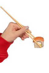 Food delivery. A box with sushi rolls in woman hands isolated.