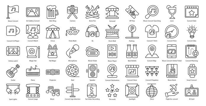 Concert Thin Line Icons Music Instrument Piano Iconset in Outline Style 50 Vector Icons in Black