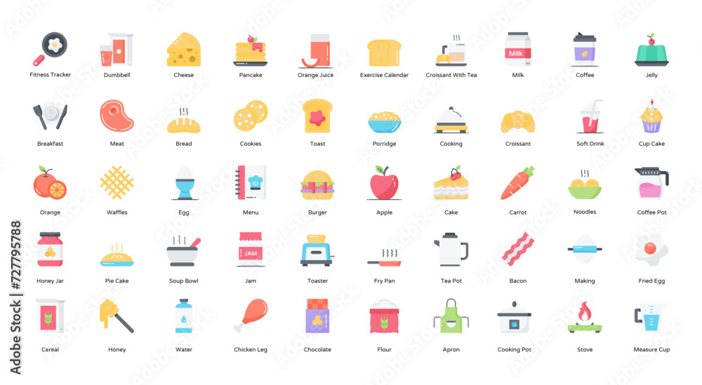 Poster Breakfast Flat Icons Food Coffee Porridge Iconset 50 Vector Icons