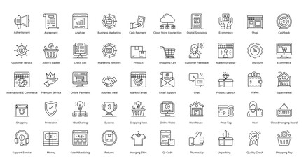 Obraz na płótnie Canvas Marketplace Thin Line Icons Digital Shopping Ecommerce Iconset in Outline Style 50 Vector Icons in Black