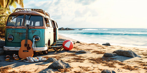 Fototapeta na wymiar Summer Beach Vacation with Vintage Van, Surfboard, Guitar, Beach Ball, and Flip-Flops on Tropical Seaside