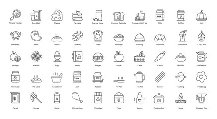 Breakfast Thin Line Icons Food Coffee Porridge Iconset in Outline Style 50 Vector Icons in Black