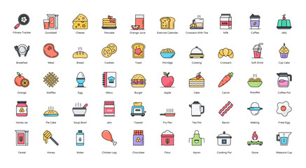 Breakfast Colored Line Icons Food Coffee Porridge Iconset in Filled Outline Style 50 Vector Icons