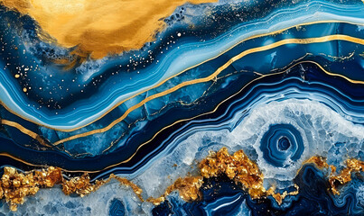 Abstract Artistic Topography of Navy Blue and Gold Agate Bands, Resembling Ocean Waves and Sand Dunes in a Luxurious and Modern Aesthetic