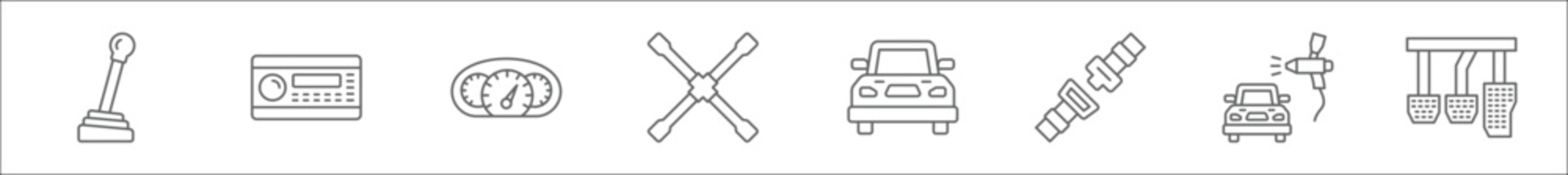 outline set of car maintenance line icons. linear vector icons such as gear stick, car radio, dashboard, lug wrench, car, seat belt, painting, pedals