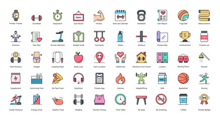 Workout Filled Line Icons Fitness Cardio Gym Iconset in Colored Outline Style 50 Vector Icons 