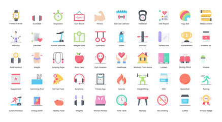 Workout Flat Icons Fitness Cardio Gym Iconset 50 Vector Icons