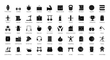 Workout Glyph Icons Fitness Cardio Gym Iconset 50 Vector Icons in Black