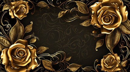 Gold Rose Frame on Black Background