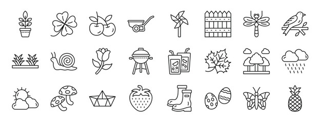 Fototapeta na wymiar set of 24 outline web season icons such as plant pot, clover, cherry, wheelbarrow, pinwheel, fence, dragonfly vector icons for report, presentation, diagram, web design, mobile app
