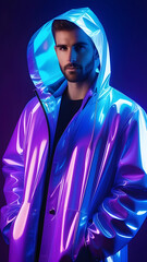 A guy wearing a jacket made of halographic neon fabric.