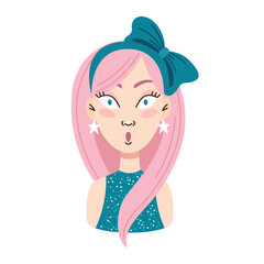 Young surprised scared woman with pink hair.Emotions.Bow in her hair, earrings stars.Portrait, face, avatar.Cartoon vector illustration on a white background