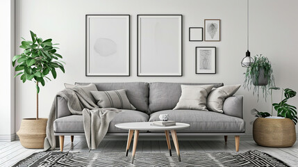 living room minimalist cozy Scandinavian style. grey sofa, pillows
