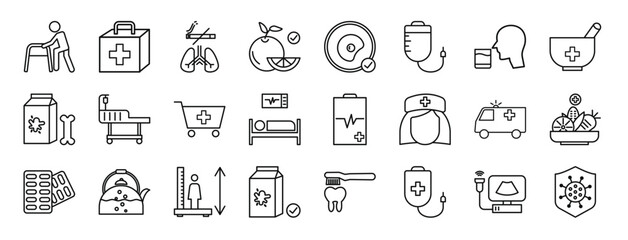 set of 24 outline web health and hospital icons such as walker, first aid, no smoking, eat, eat, infusion, drink water vector icons for report, presentation, diagram, web design, mobile app