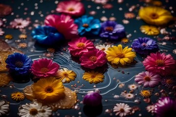 A realistic photograph showcasing the graceful movement of colorful liquids on a clean, contemporary surface, adorned with captivating flower motifs