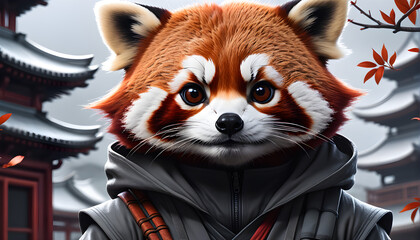 Obraz premium Enchanting Radiance: Red Panda Ninja's Spectrum of Colors and Mysterious Armament.(Generative AI) 