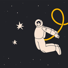 Person flying in outer Space. White spacesuit. Astronaut or spaceman. Cute character. Cartoon flat style. Hand drawn Vector illustration. Isolated design element. Exploration, discovery concept  - 727797573