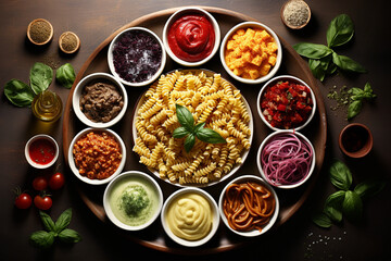 Vibrant Pasta Creations: Colorful Pasta Dishes Adorned with a Variety of Savory Sauces, Offering a Flavorful Feast for the Senses