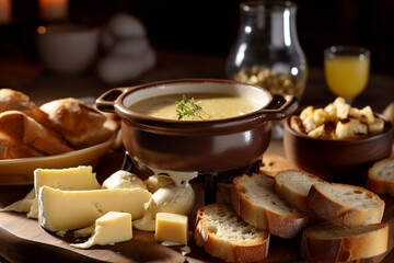 Indulgent Cheese Fondue Delight: Assorted Cheeses Perfectly Melted for Dipping Crusty Bread, Creating an Irresistible and Shareable Gourmet Experience
