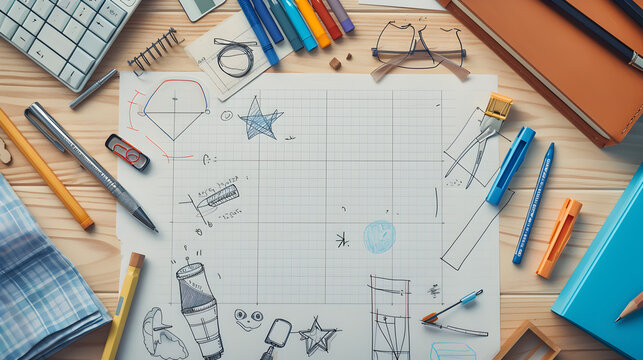 A back-to-school concept with neatly arranged supplies on a table, including pencils and paper The visual encompasses planning, drawing, business, architectural design, engineering