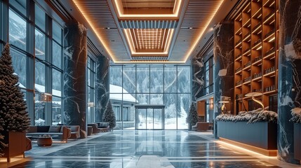 Luxury hotel lobby with stone floors, Heavy outdoor snow. Generative AI. - obrazy, fototapety, plakaty
