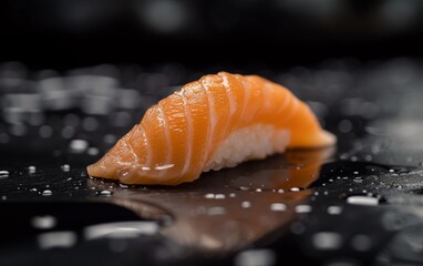  Lustrous salmon sushi piece delicately placed on a dark, reflective surface with scattered salt grains.