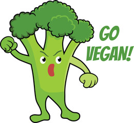 Funny broccoli character with Go vegan text. ZIP file contains EPS, JPEG and PNG formats.