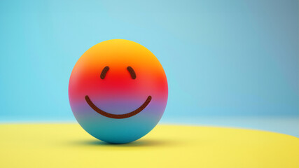 Fototapeta premium Grinning or smiling yellow rainbow emoji 3d style. Face With Rainbow. Rainbow Smile Icon. Slightly smiling face Large size of yellow emoji smile. Rainbow Shape Over colorful Background.