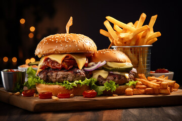 Indulgent Burger Feast: Juicy Hamburgers Paired with Crispy French Fries and a Variety of Flavorful Sauces, Perfect for Satisfying Your Cravings