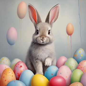 Easter bunnies sitting among painted eggs, Easter drawing art