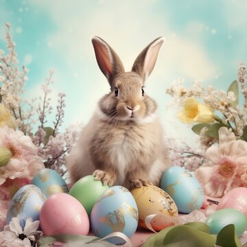 Easter bunnies sit near painted eggs on a light blue background, Easter