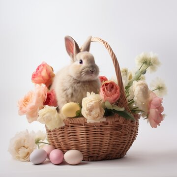 Easter bunny sits in a basket with eggs and flowers, Easter
