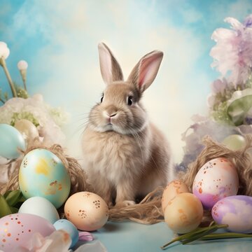 Easter bunnies sit near painted eggs on a light blue background, Easter