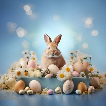 Easter bunnies are sitting, there are painted eggs and spring flowers around the bunny, Easter, blue background