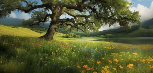 Majestic oak tree stands over a colorful wildflower meadow by a serene lake, exemplifying natural splendor.