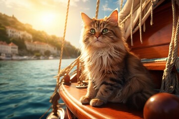 Cat sitting on the deck of a sailing boat at sea