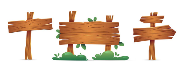 Fototapeta premium Wooden boards in cartoon style. Sets of rustic boards, arrow sign indicating direction. Vector illustration isolated on a white background