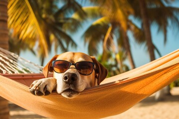 dog wearing sunglasses lying in hammock on tropical beach