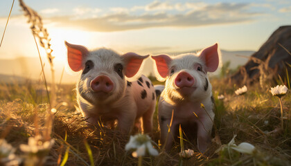 Recreation of two small pigs - obrazy, fototapety, plakaty