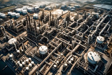 A bird's-eye view of a sprawling oil refinery complex, capturing the organized chaos of interconnected structures and pipelines.